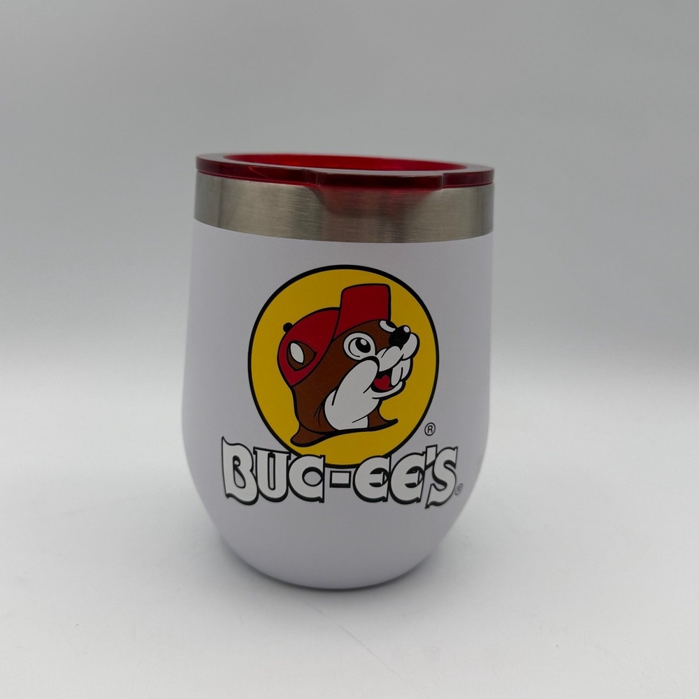 Buc-ee's Insulated Stainless Steel Tumbler 10oz White Red Lid Travel Cup‎